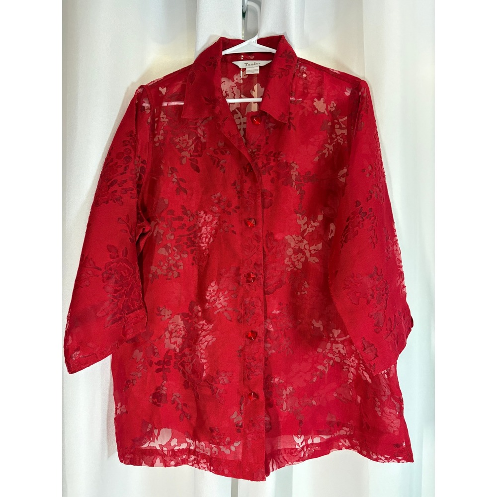 Tanjay Red Burnout Floral Button Front Blouse 3/4 Sleeve Size 14 WC0064